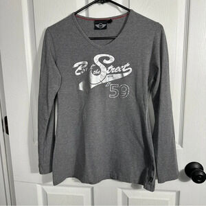 Women's Mini Cooper long sleeved gray tee, stretchy, fitted, v neck. Size large.